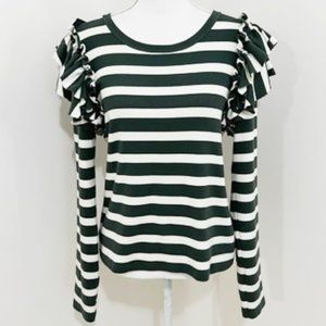 Veronica Beard Jeans Segrist Ruffled Striped Long Sleeve Top Ivory Green